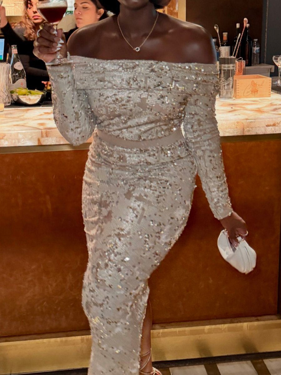 (⏰Big Sale)Sequin Off Shoulder Sexy Maxi Dress