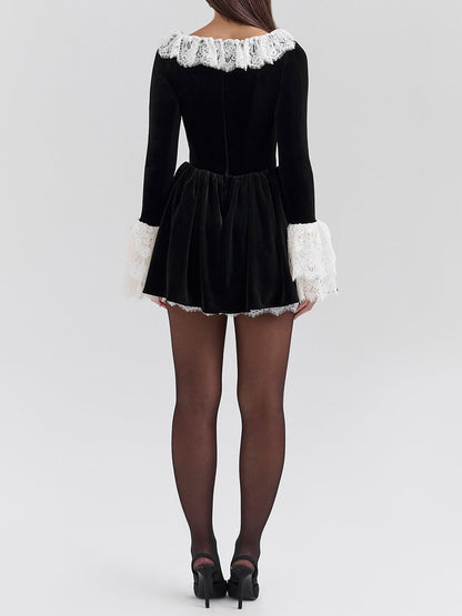 Lace Patchwork Square Collar Mini Dress