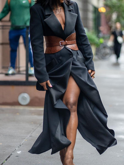 Wide Lape Slit Hem Long Blazer Dress