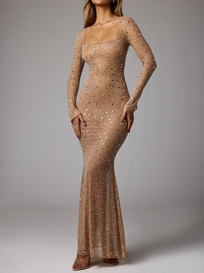 Rhinestone Sparkle Long-sleeved Square Collar Dress