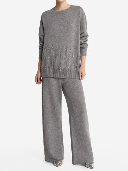 Elegant Fringed Flash Diamond Trim Knit Sweater Suit（two-piece）