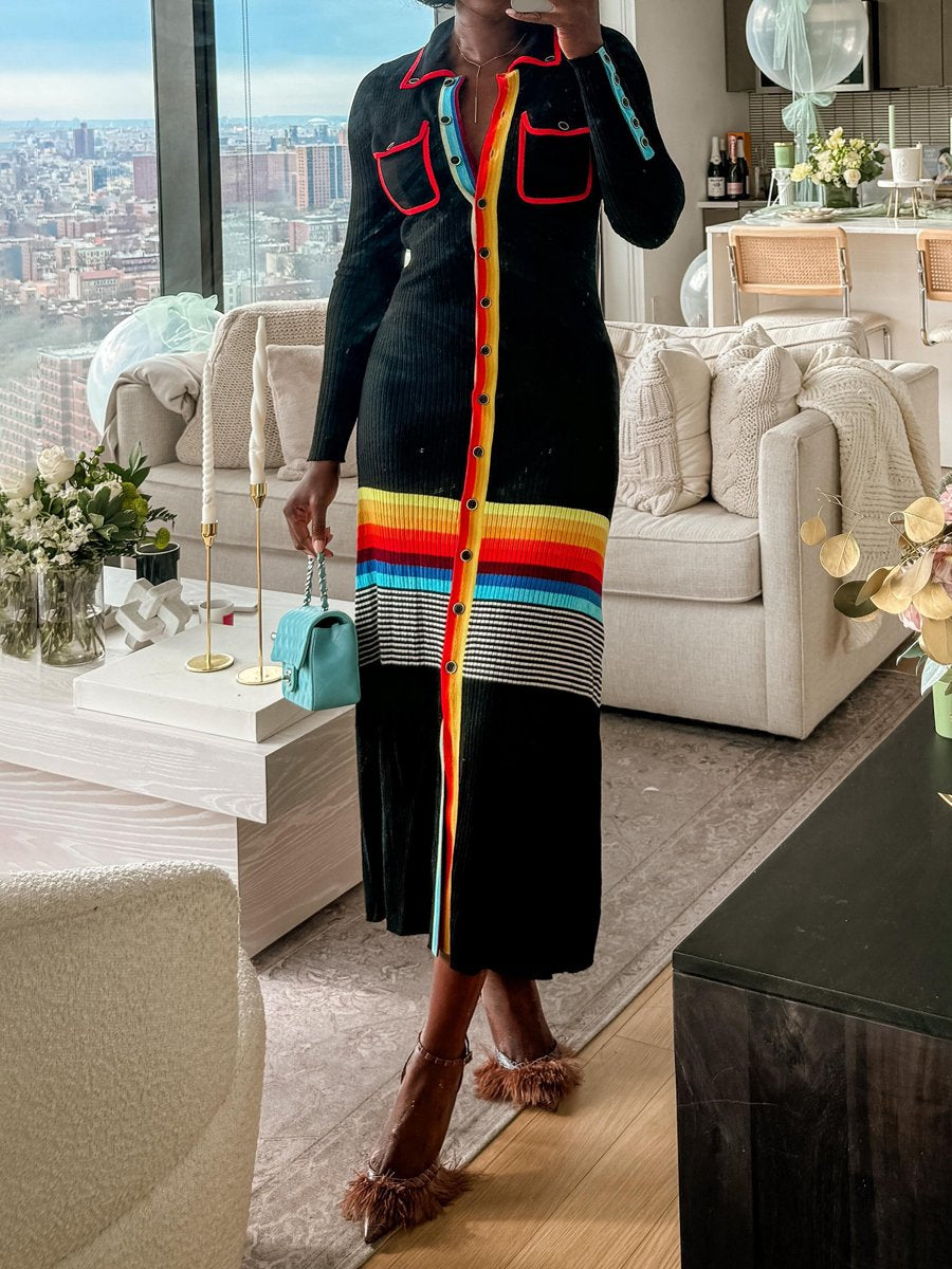(⏰Big Sale)Striped Ribbed Midi Shirt Dress