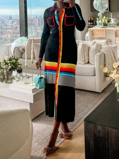 (⏰Big Sale)Striped Ribbed Midi Shirt Dress