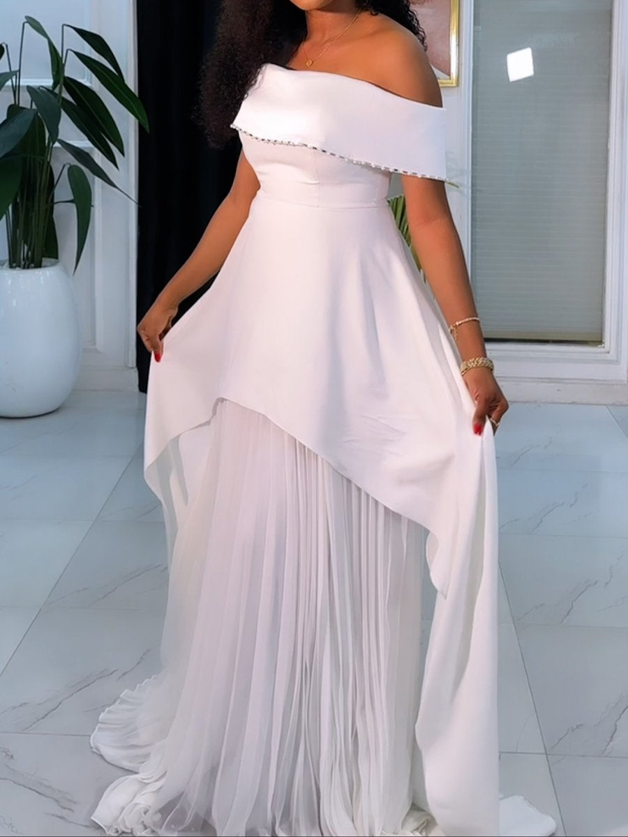 (⏰Big Sale)Off Shoulder Rhinestone Sparkle Pleated Party Dress