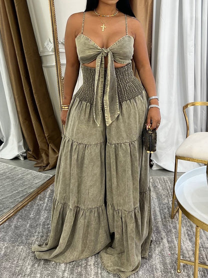 Denim Cutout Wide Leg Sling Jumpsuit